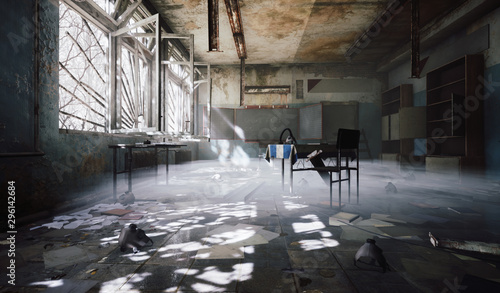 Chernobyl abandoned school classroom dark room chair