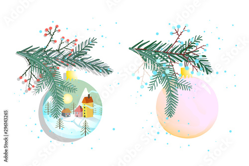 Christmas or New years decoration balls isolated on white with fir tree pine branch.