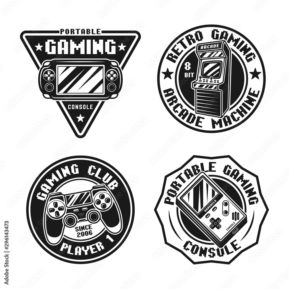 Gaming set of vector retro badges, emblems, labels