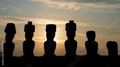 Moai: Ancient and Mysterious Sculpture in Easter Island, Time Lapse at Sunrise in Rapa Nui National Park, Polynesia, Chile