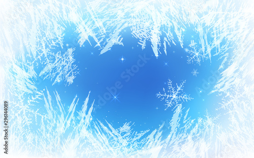 Frost pattern background. Frozen texture in winter (vector ice crystals) with snowflakes photo