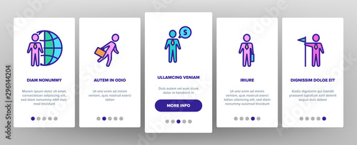 Business People Leader Onboarding Mobile App Page Screen Vector Thin Line. Running Man Silhouette And Business Trip, Discussion And Conference Concept Linear Pictograms. Illustrations