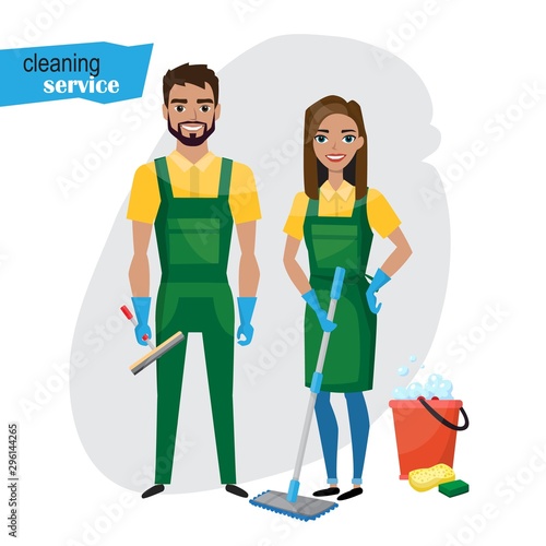Professional cleaners team. Young smiling couple are holding cleaning tools. Vector illustration of cartoon characters
