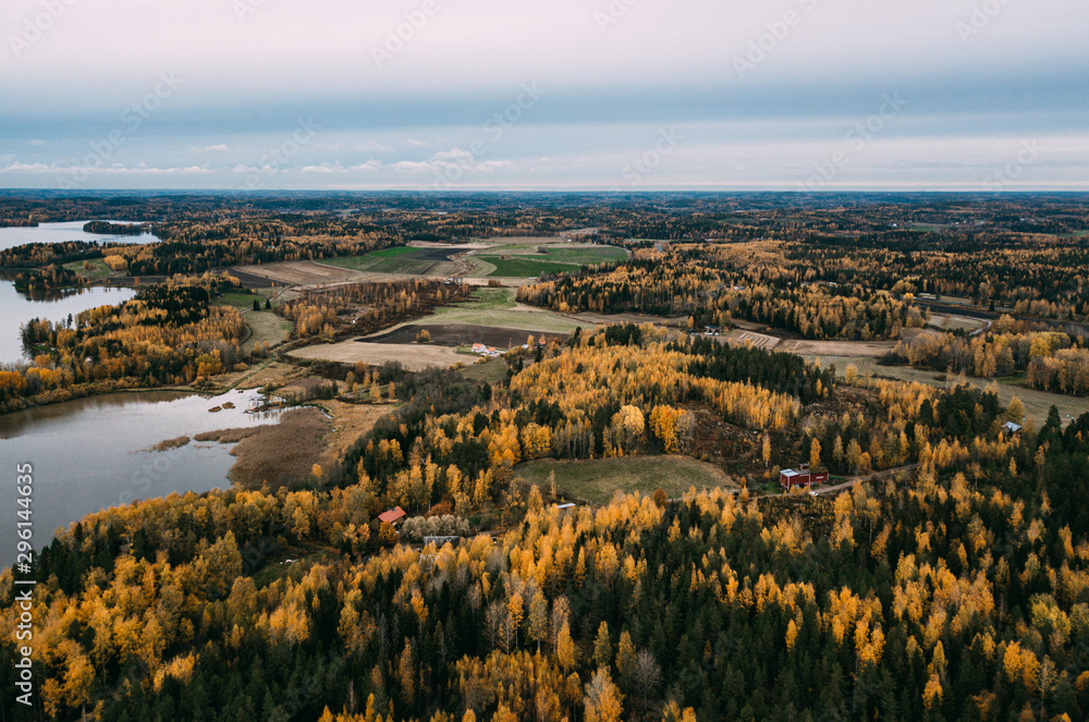 autumn landscape aerial view. Finland near Hiidenvesi lake