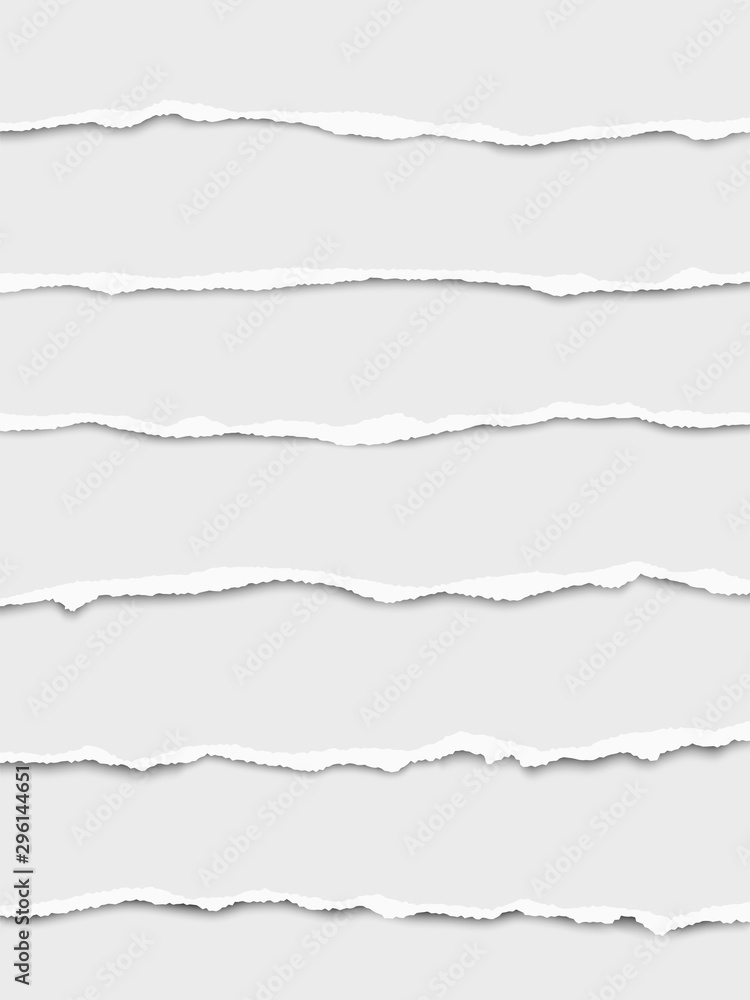 Six oblong torn white paper fragments placed one under another with soft shadow. Vector paper template.