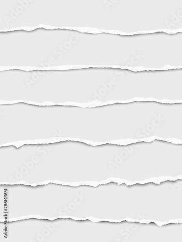 Six oblong torn white paper fragments placed one under another with soft shadow. Vector paper template.