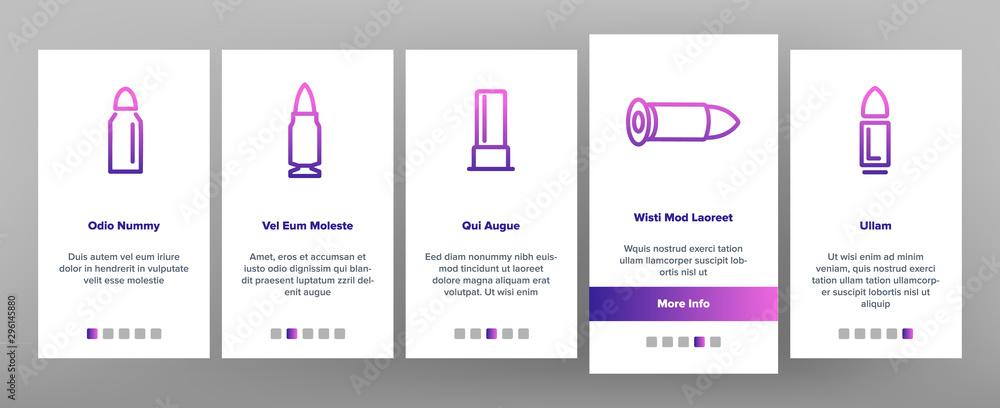 Bullet Ammunition Onboarding Mobile App Page Screen Vector Thin Line. Different Caliber, Flying And Standing Military Bullet Concept Linear Pictograms. Army Ammo Contour Illustrations