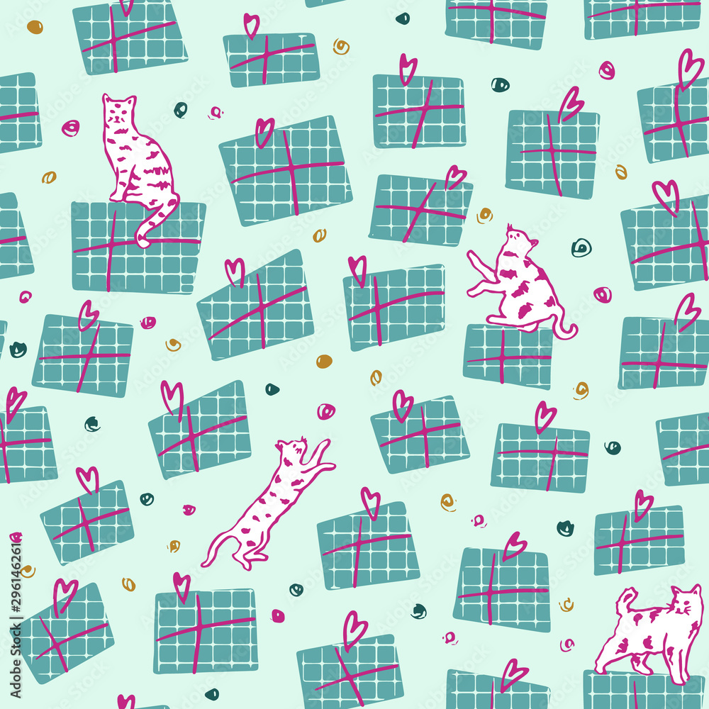 Vector Christmas cats with presents seamless patterns. Cute hand drawn illustration with kittens playing.