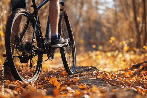 Male cyclist riding a bike in the autumn forest in warm weather. Active lifestyle