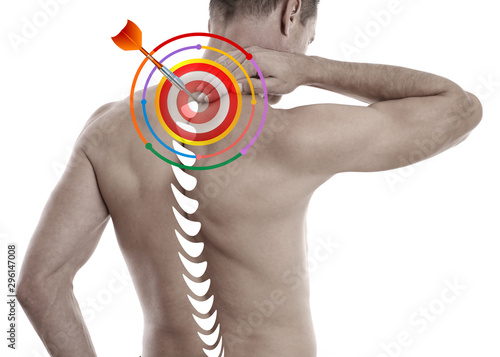 Man swith back and neck pain. Chiropractic concept.. Pain relief, Sport exercising injury photo