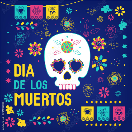 Day of the dead, Dia de los muertos blue background, square banner, greeting card. Vector illustration with sugar skull or calavera, flowers and text, cover for website, social media.