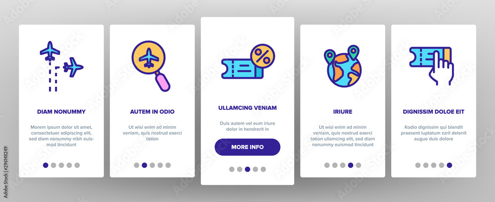 Booking Trip Onboarding Mobile App Page Screen Vector Thin Line. Airplane Direction And Ticket, Suitcase And Badge Booking Details Concept Linear Pictograms. Contour Illustrations