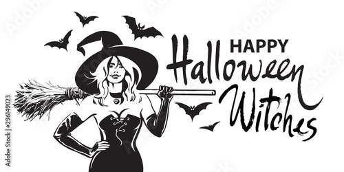 Happy halloween witches comic hand drawn lettering, beautiful sexy witch holding broomstick surrounded by bats. Sketch style vector illustration.