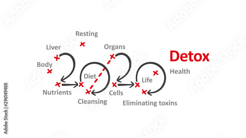 Detox New Year 2020 word cloud with arrows and red marks white background vector
