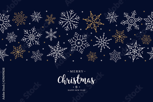 Christmas snowflake elements border card with greeting text seamless pattern blue background.