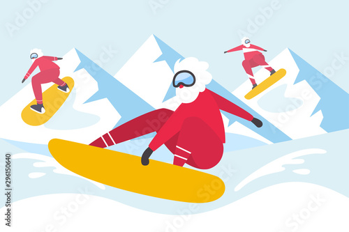 Snowboarding Santa. Winter sport activities. Flat design illustration with Santa Claus. - Vector
