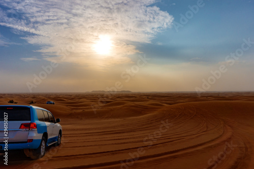 Desert safari sand bashing adventure in Dubai at sunset