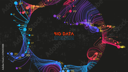 Vector abstract colorful big data information sorting visualization. Social network, financial analysis of complex databases. Visual information complexity clarification. Intricate data graphic