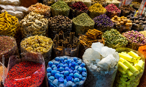 Colorful different spices in the spice market souk in old Dubai