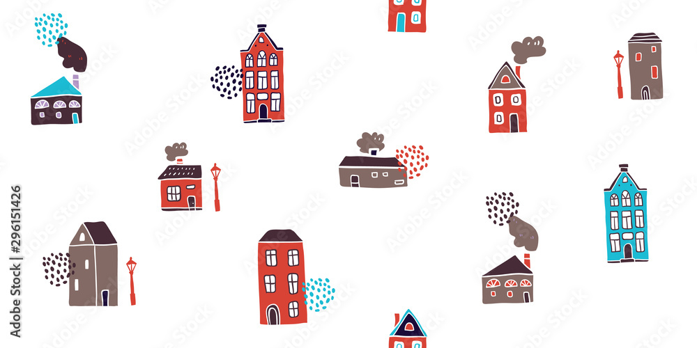 Seamless pattern, hand drawn scandinavian houses