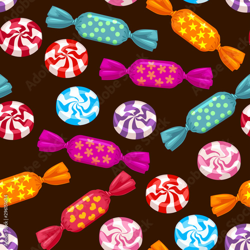 Candies in colorful wrappers on a dark background. Seamless pattern with sweets. Vector illustration of candy in cartoon simple flat style.