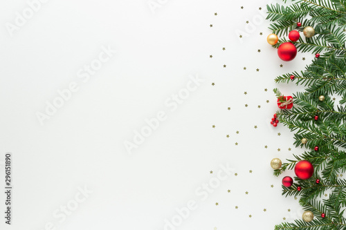 Christmas composition. Bell star bauble top view background with copy space for your text. Flat lay.