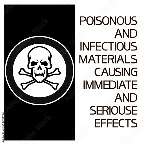 Poisonous and infectious material causing immediate and serious effects. Skull with bones in a circle, flat black and white poster.