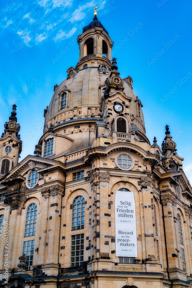 dresdner frauenkirche with blue sky at sunset during summer