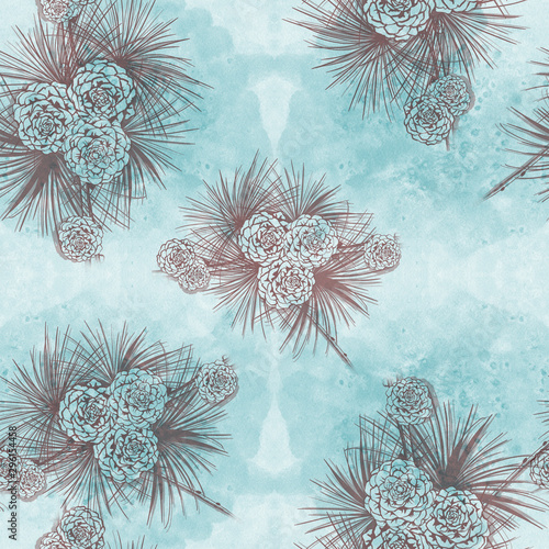 Seamless pattern. Cones of conifer on a watercolor background. Use printed materials, patterns on fabrics, posters, postcards, packaging.