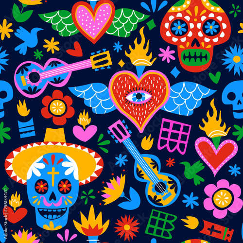Day of the dead mexican cartoon background pattern