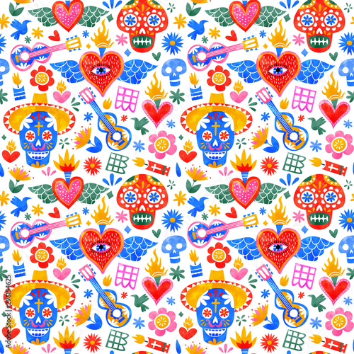 Day of the dead mexican icons seamless pattern