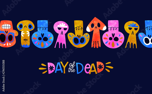 Day of dead card cute watercolor skull cartoon