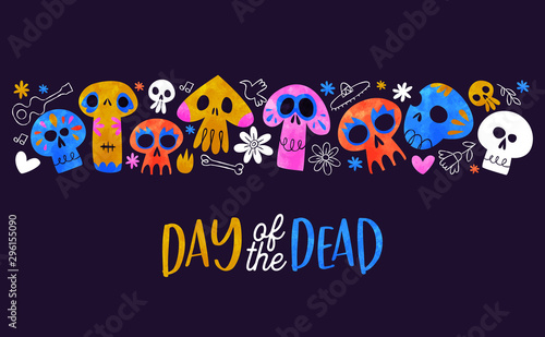 Day of dead card cute watercolor skull cartoon