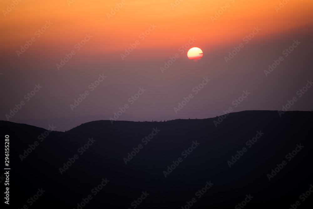 Sillhouette Of Mountain And Setting Sun Above, Sunset On The Mountains, Landscape With Mountains At Sunset Sillhouette Of Mountain And Setting Sun Above, Sunset On The Mountains, Landscape With Mountains At Sunset