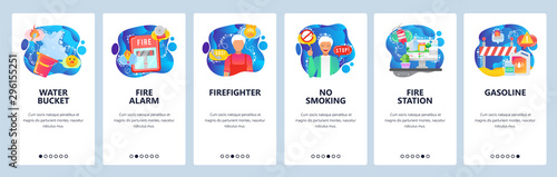 Mobile app onboarding screens. Fire fighting station, man firefighter, alarm signal, no smoking sign, flammable stuff. Vector banner template for website and mobile development. Web site illustration