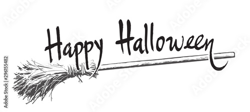 Happy halloween hand drawn lettering and old magic broomstick. Vector illustration isolated on white background.