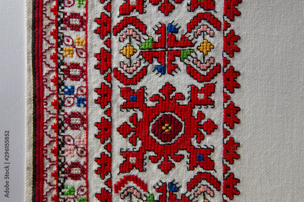 cotton cloth of a coarse fabric with hand embroidery, Bulgarian embroidery, cross