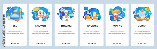 Mobile app onboarding screens. Bedroom interior, morning routine, shower, shaving, breakfast. Menu vector banner template for website and mobile development. Web site design flat illustration