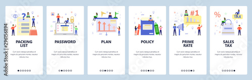Mobile app onboarding screens. Online shopping, business plan, login password. Menu vector banner template for website and mobile development. Web site design flat illustration