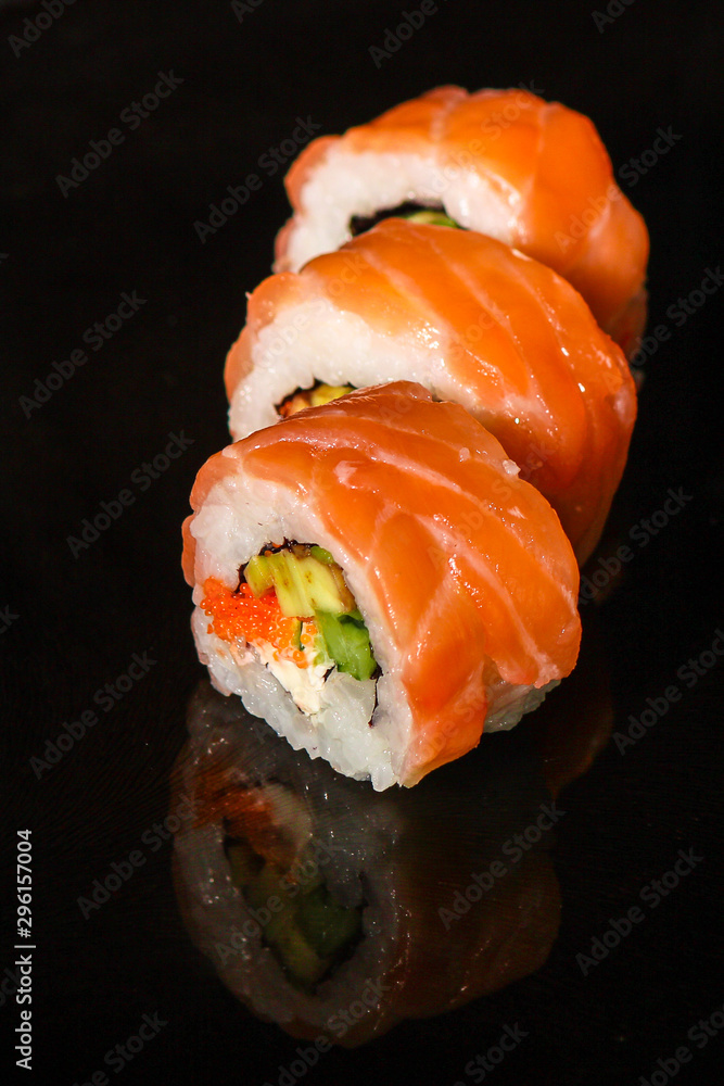 sushi rolls, traditional Japanese food (rice, nori and seafood) menu concept. food background. copy space. Top view sushi rolls, traditional Japanese food (rice, nori and seafood) menu concept. food background. copy space. Top view