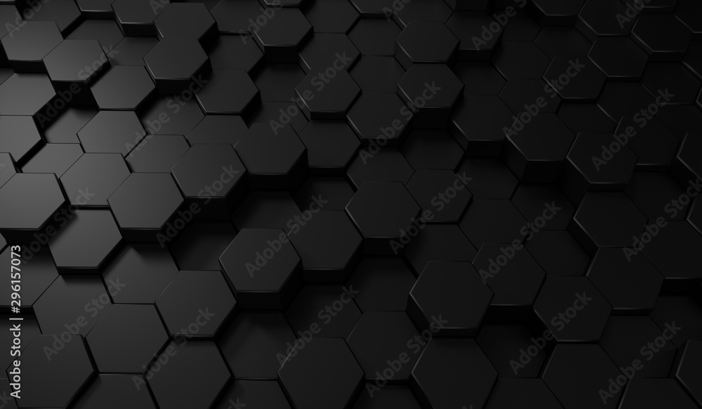  Hexagon dark background. Black honeycomb abstract metal grid pattern technology wallpaper.3d Rendering. - obrazy, fototapety, plakaty 