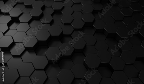 Fototapeta Naklejka Na Ścianę i Meble -   Hexagon dark background. Black honeycomb abstract metal grid pattern technology wallpaper.3d Rendering.