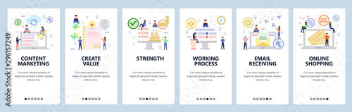 Mobile app onboarding screens. Business team and content marketing, online shopping, email technology. Menu vector banner template for website and mobile development. Web site design flat illustration
