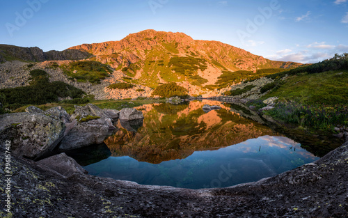 Beautiful Sunrise In The Mountains, Peak Reflects In Crystal Clear Water Of Alpine Lake - Tarn, Low Tatras National Park, Slovakia