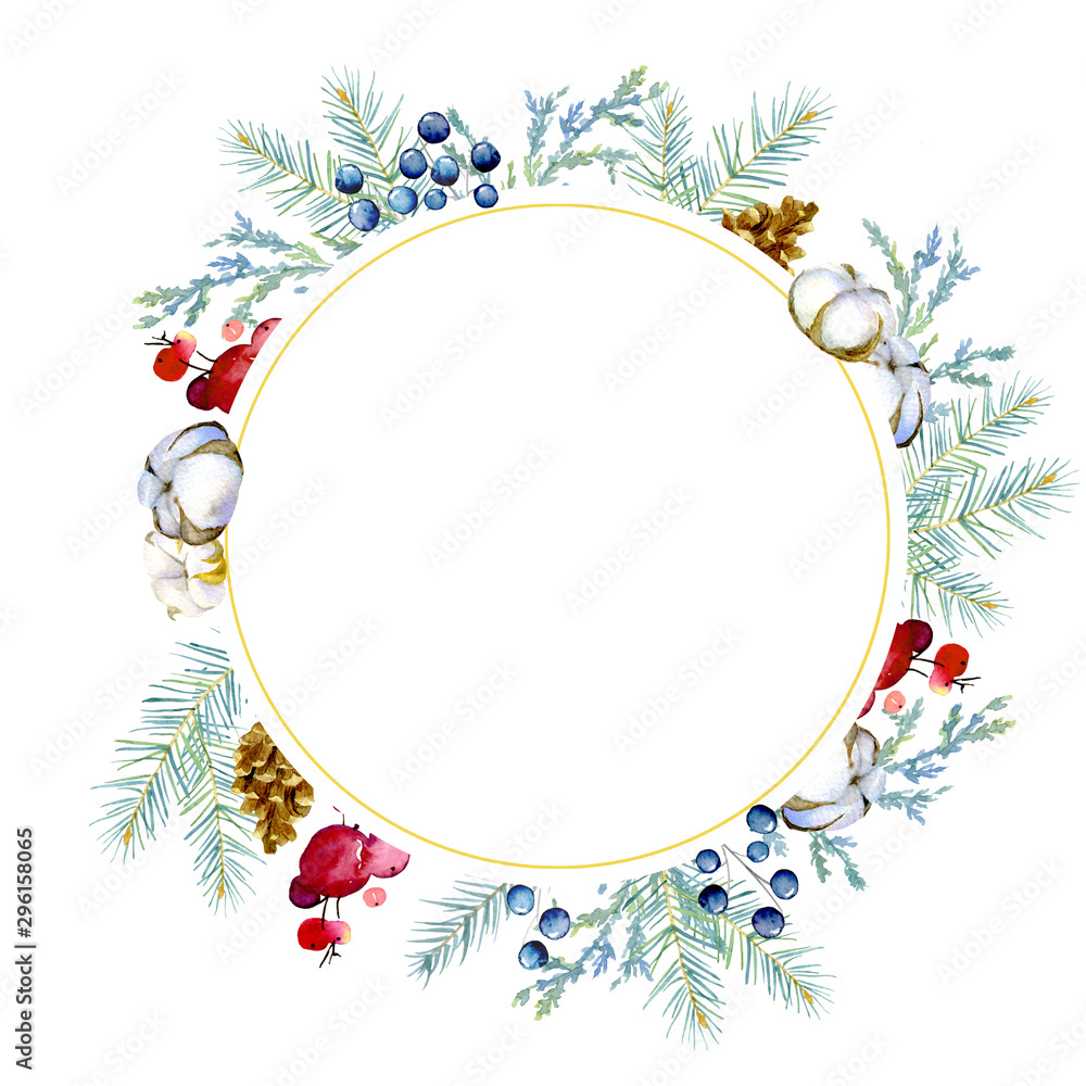 Round frame made up of fir and juniper branches, cones, red and blue berries, cotton bolls. Beautiful background for cards and invitations or other design. Round frame made up of fir and juniper branches, cones, red and blue berries, cotton bolls. Beautiful background for cards and invitations or other design.