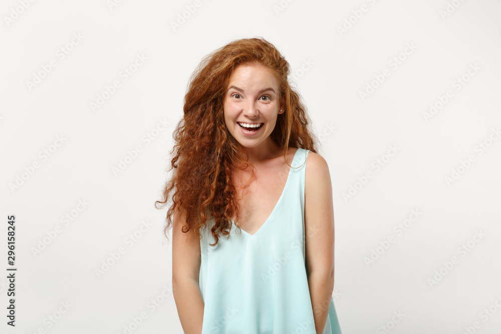 Young pretty excited redhead woman girl in casual light clothes posing isolated on white background, studio portrait. People sincere emotions lifestyle concept. Mock up copy space. Keeping mouth open. Young pretty excited redhead woman girl in casual light clothes posing isolated on white background, studio portrait. People sincere emotions lifestyle concept. Mock up copy space. Keeping mouth open.