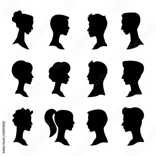 Man and woman side profile head silhouettes isolated