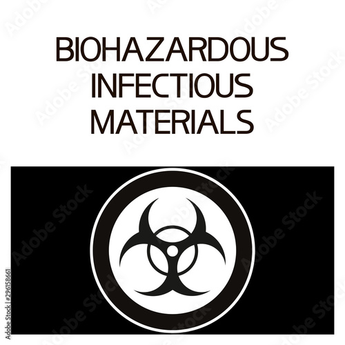 Biohazardous infectious materials. Warning poster in black and white colors, with text and graphic elements.