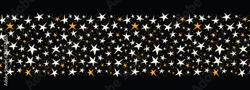 Linocut White and Yellow Stars on Black Sky Vector Seamless Border Pattern. Winter Christmas Hand Made Print
