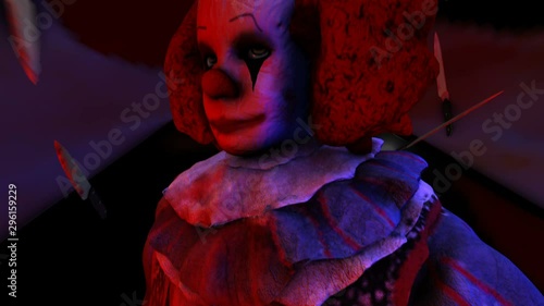 Creepy seamless animation of an horror clown running with knives around. Halloween background of a terror character  photo